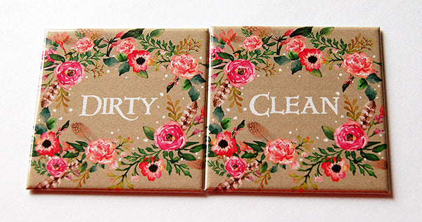 Floral Clean & Dirty Dishwasher Magnets in a Brown & Pink - Kelly's Handmade
