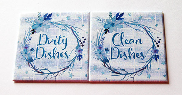 Floral Clean & Dirty Dishwasher Magnets in Blue - Kelly's Handmade