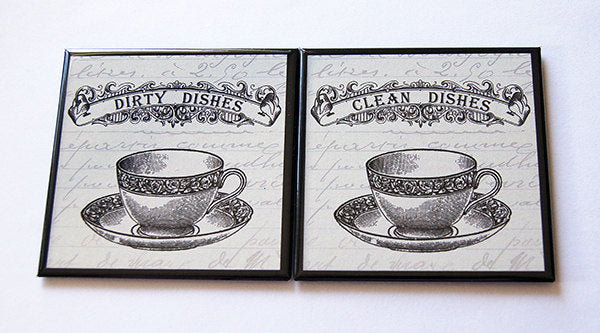 Tea Cups Clean & Dirty Dishwasher Magnets in Black & Ivory - Kelly's Handmade