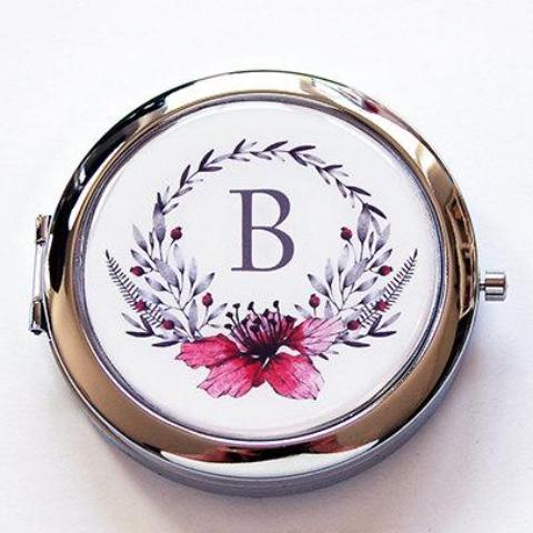 Wreath Monogram Pill Case With Mirror in Pink & Gray - Kelly's Handmade