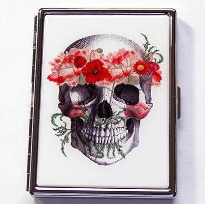 Skull With Flowers Slim Cigarette Case - Kelly's Handmade