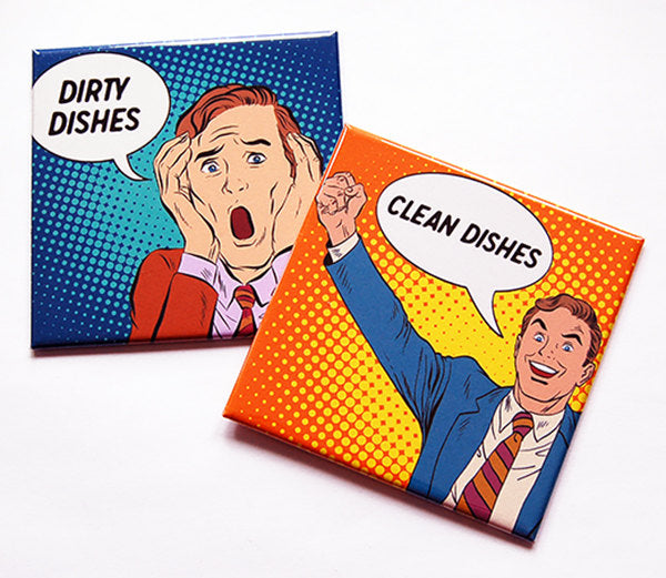 Comic Style Clean & Dirty Dishwasher Magnets in Blue & Orange - Kelly's Handmade