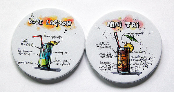 Cocktail Recipe Coasters - Mai Tai & Blue Lagoon - Kelly's Handmade