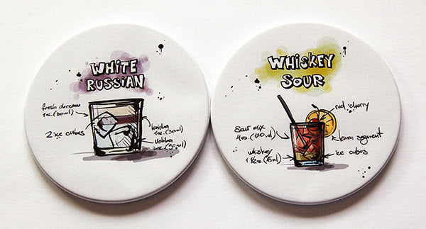 Cocktail Recipe Coasters - White Russian & Whiskey Sour - Kelly's Handmade