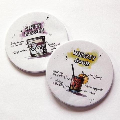 Cocktail Recipe Coasters - White Russian & Whiskey Sour - Kelly's Handmade
