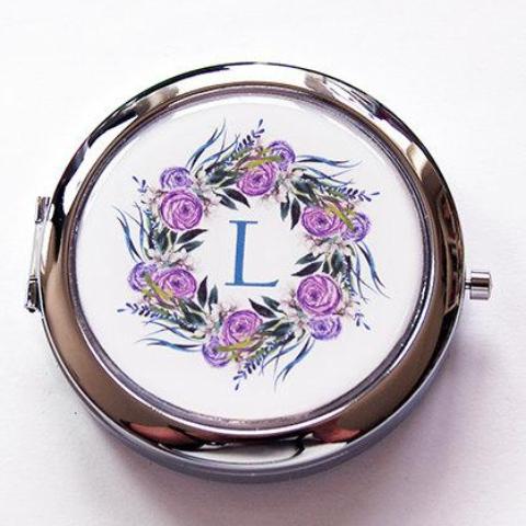 Purple Wreath Monogram Pill Case With Mirror - Kelly's Handmade