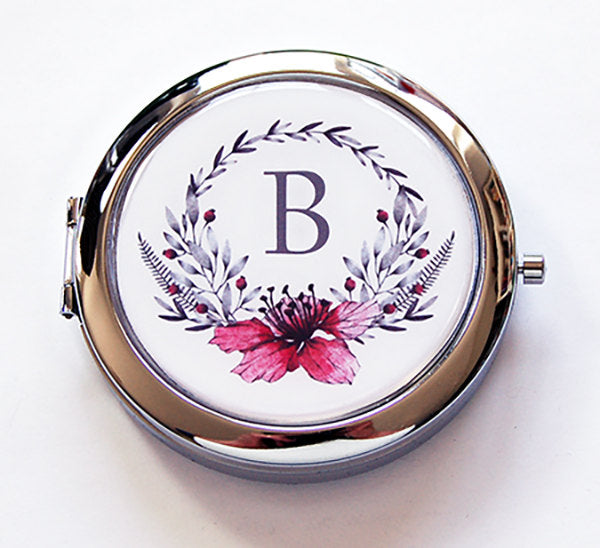 Wreath Monogram Pill Case With Mirror in Pink & Gray - Kelly's Handmade