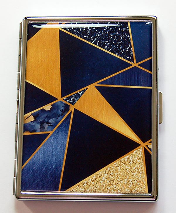 Abstract Design Slim Cigarette Case in Blue & Gold - Kelly's Handmade