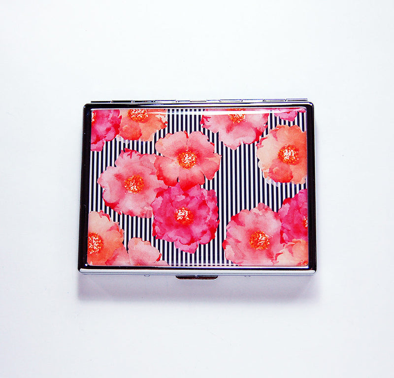 Flowers & Stripes Slim Cigarette Case in Pink Orange & Black - Kelly's Handmade