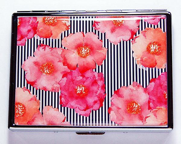 Flowers & Stripes Slim Cigarette Case in Pink Orange & Black - Kelly's Handmade