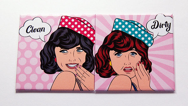 Comic Cutie Clean & Dirty Dishwasher Magnets in Pink - Kelly's Handmade