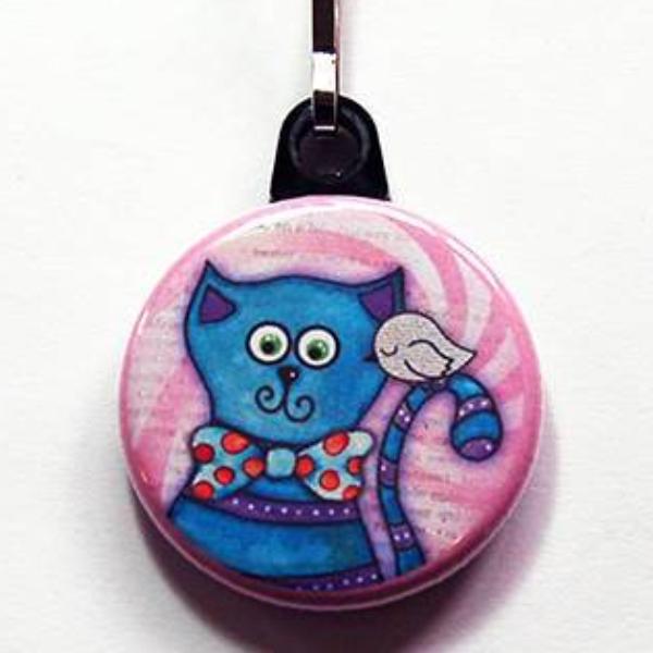 Cat Zipper Pull in Blue & Pink - Kelly's Handmade