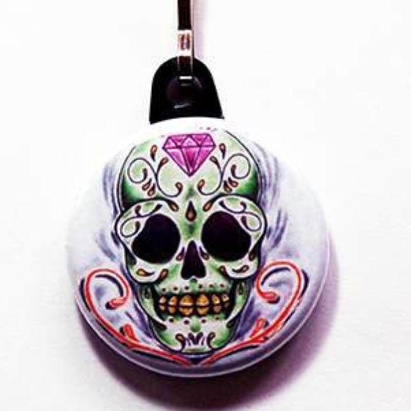 Day of the Dead Zipper Pull in Green & Pink - Kelly's Handmade