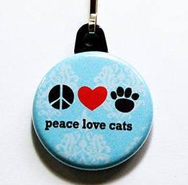 Peace Love Cats Zipper Pull in Blue - Kelly's Handmade
