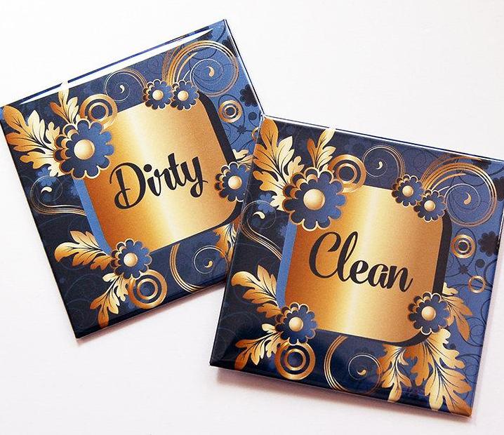 Blue & Faux Gold Foil Clean & Dirty Dishwasher Magnets - Kelly's Handmade
