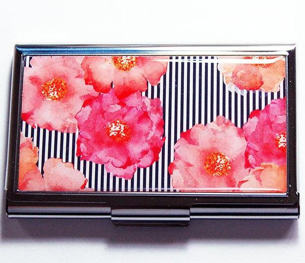 Flowers & Stripes Business Card Case in Pink & Orange - Kelly's Handmade