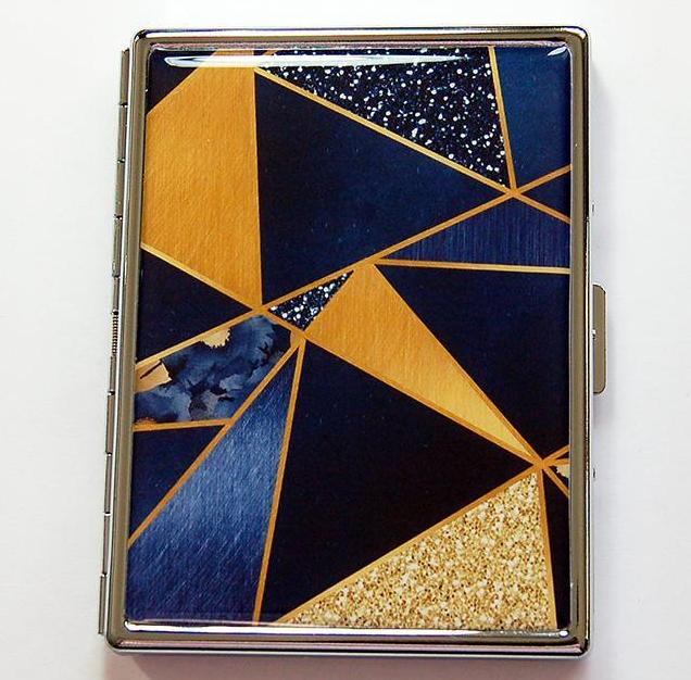 Abstract Design Slim Cigarette Case in Blue & Gold - Kelly's Handmade