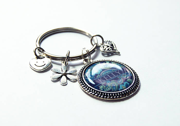 Paisley Personalized Keychain With Charms in Blue - Kelly's Handmade