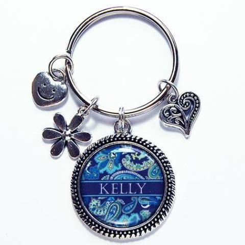 Paisley Personalized Keychain With Charms in Blue - Kelly's Handmade