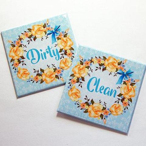 Floral Clean & Dirty Dishwasher Magnets in Blue & Yellow - Kelly's Handmade