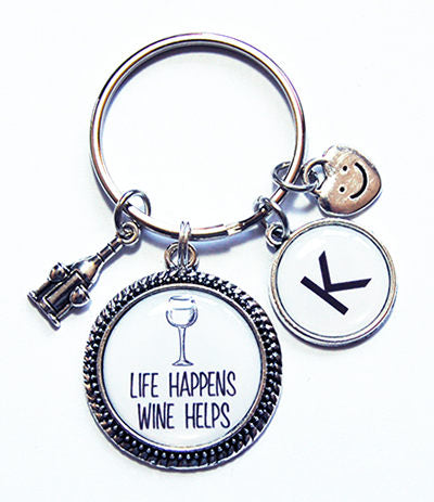 Life Happens Wine Helps Monogram Keychain - Kelly's Handmade