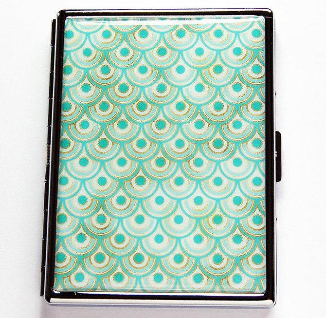 Art Deco Circle Pattern Slim Cigarette Case in Turquoise - Kelly's Handmade