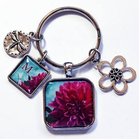 Flower & Dragonfly Monogram Keychain in Pink & Blue - Kelly's Handmade
