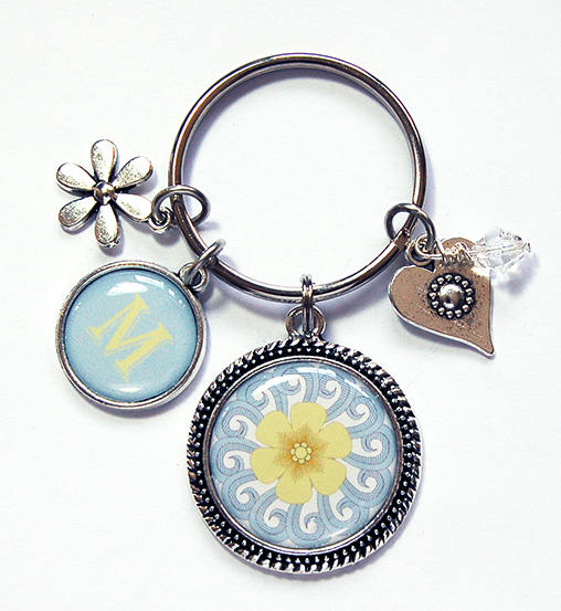 Flower Mosaic Monogram Keychain in Blue & Yellow - Kelly's Handmade