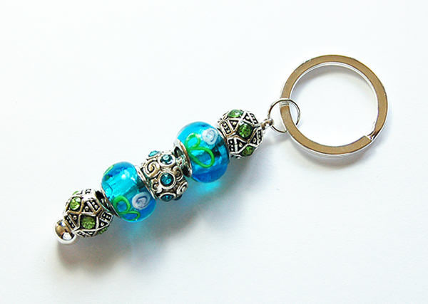 Rhinestone Bead Keychain in Blue & Green - Kelly's Handmade