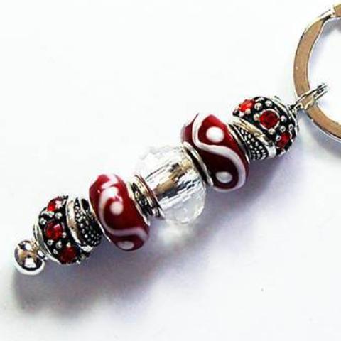 Lampwork Bead Keychain in Red & White - Kelly's Handmade