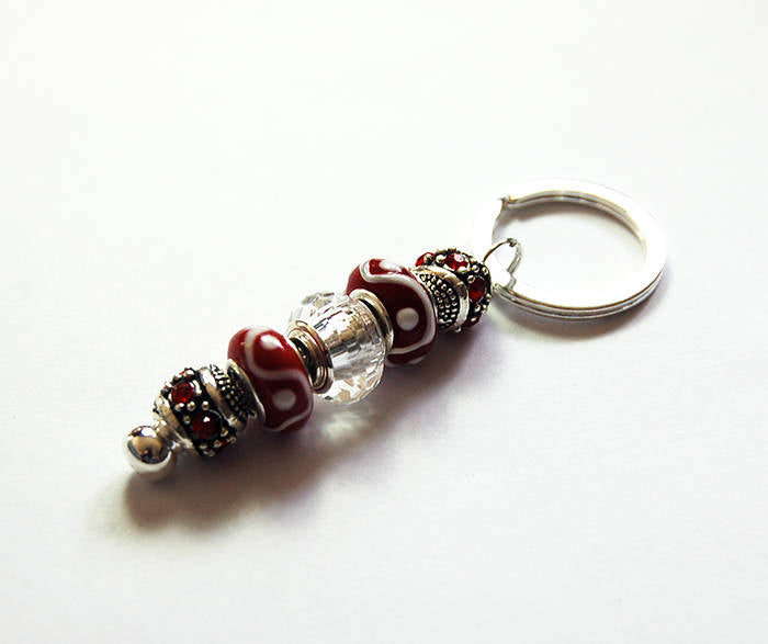 Lampwork Bead Keychain in Red & White - Kelly's Handmade