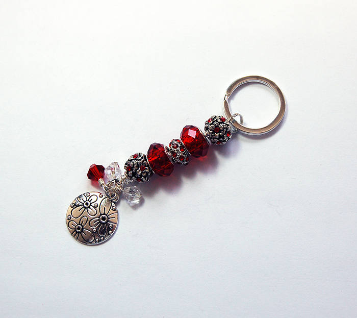 Flower Rhinestone Bead Keychain in Red & Silver - Kelly's Handmade