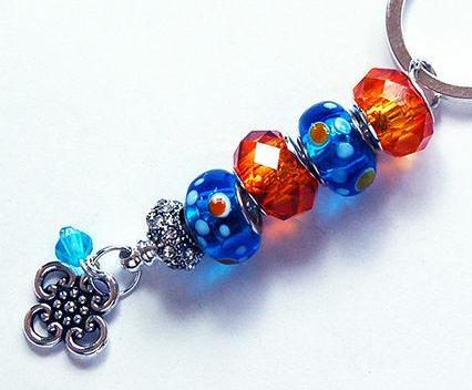 Flower Polka Dot Lampwork Bead Keychain in Orange & Blue - Kelly's Handmade