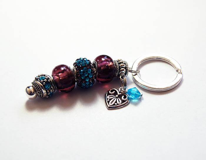 Heart Rhinestone Bead Keychain in Rosy Brown & Blue - Kelly's Handmade