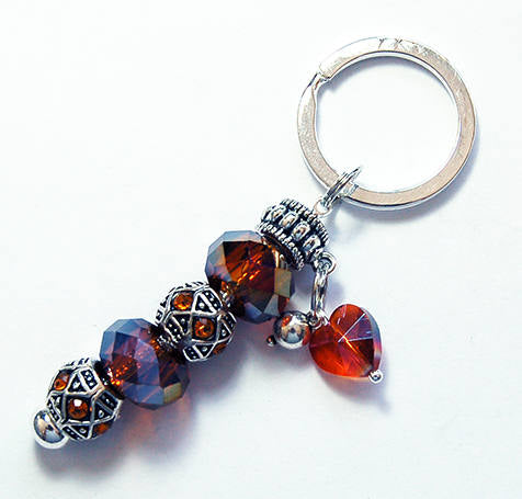 Heart Glass Bead Keychain in Brown, Orange & Gold - Kelly's Handmade