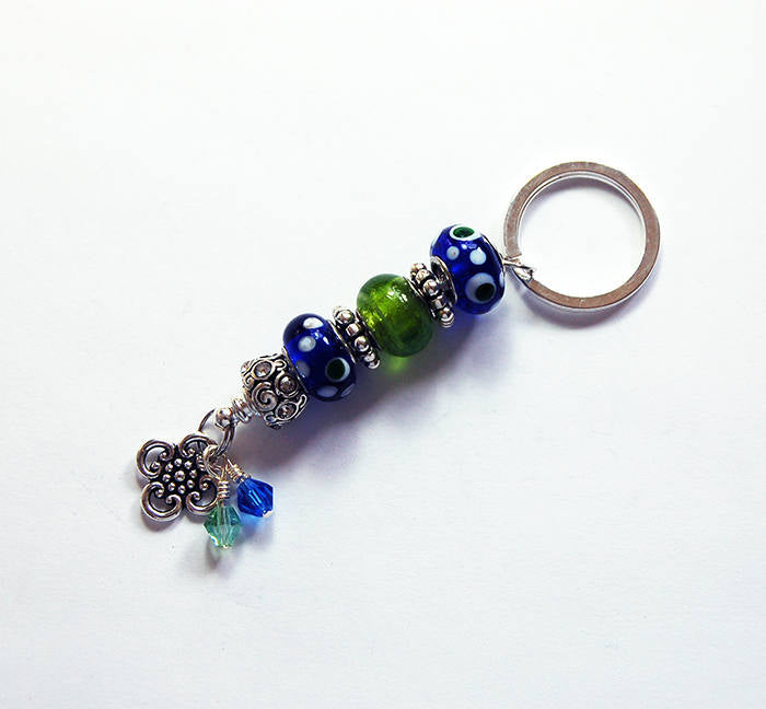 Dotted Lampwork Bead Keychain in Blue & Green - Kelly's Handmade