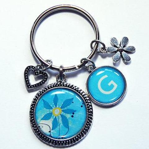 Floral Monogram Keychain in Blue - Kelly's Handmade
