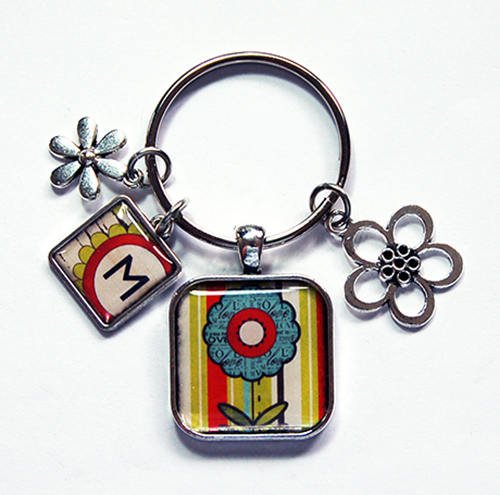 Flowers & Stripes Monogram Keychain - Kelly's Handmade