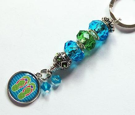 Flip Flop Bead Keychain in Blue & Green - Kelly's Handmade