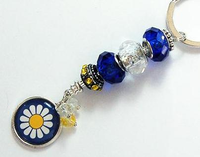 Daisy Beaded Keychain in Blue & Yellow - Kelly's Handmade