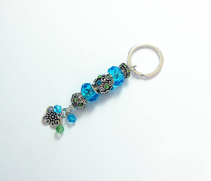 Flower Rhinestone Bead Keychain in Blue & Green - Kelly's Handmade