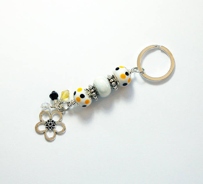 Flower Polka Dot Bead Keychain in Yellow & White - Kelly's Handmade