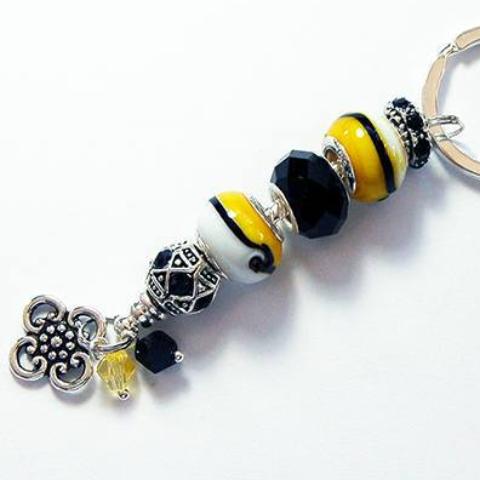 Flower Striped Lampwork Bead Keychain in Yellow & Black - Kelly's Handmade