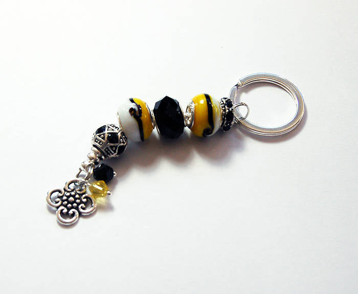 Flower Striped Lampwork Bead Keychain in Yellow & Black - Kelly's Handmade