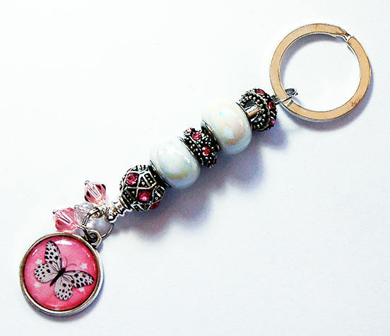 Butterfly Bead Keychain in Pink & White - Kelly's Handmade
