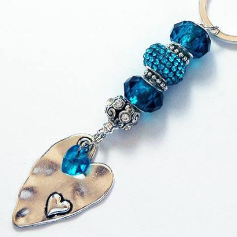 Oversized Heart Rhinestone Bead Keychain in Teal Blue - Kelly's Handmade