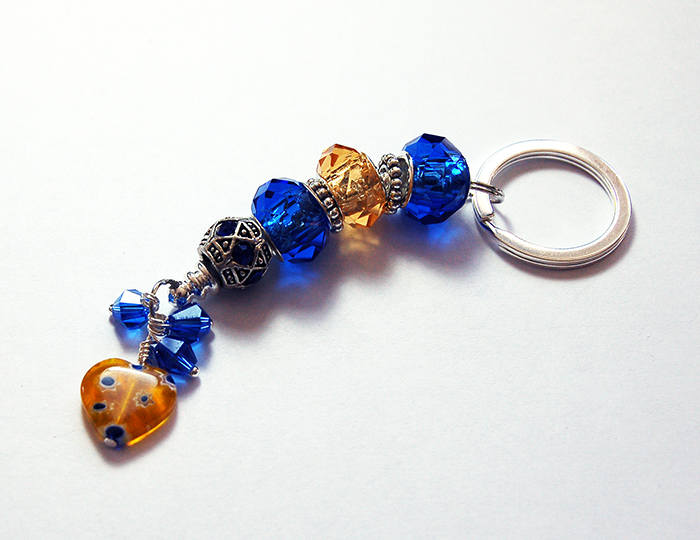 Heart Bead Keychain in Blue & Orange - Kelly's Handmade