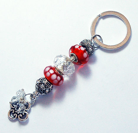 Flower Polka Dot Lampwork Keychain in Red & White - Kelly's Handmade