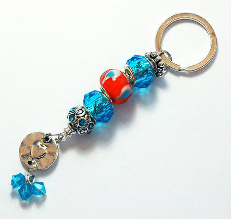 Heart Lampwork Bead Keychain in Blue & Orange - Kelly's Handmade