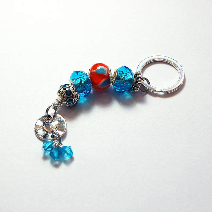 Heart Lampwork Bead Keychain in Blue & Orange - Kelly's Handmade